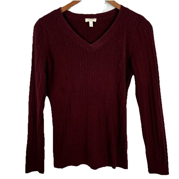 Talbots Petite Sweater Womens Medium Burgundy Cable Knit V Neck - Picture 2 of 11